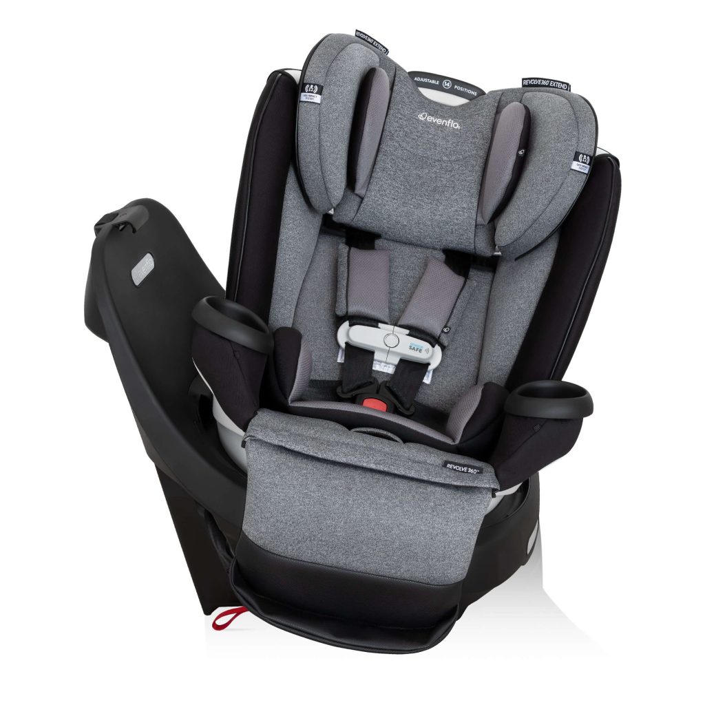 The Evenflo Gold Revolve360 is an all-in-one car seat that does it all. It rear-faces 4–40 pounds, 17–40 inches, forward-faces 22–65 lbs., 28–49 inches, and becomes a belt-positioning booster from 40–120 lbs., 44–57 inches, and when your child is at least four years old. That means the seat is designed for children from 4 to 120 lbs. It is a big seat, so it requires a lot of room to be able to move on its base. But it’s lightweight, weighing only 15.5 lbs. It has a 5-point harness system, adjustable harness straps, headrest, and side wings. It also has a removable cup holder and a washable seat pad.